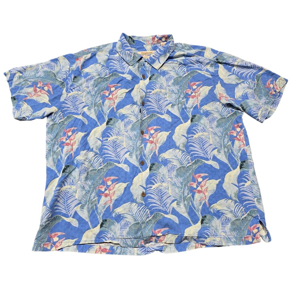 Tommy Bahama 3XL Silk Hawaiian Shirt Blue Tropical Floral Menswear
